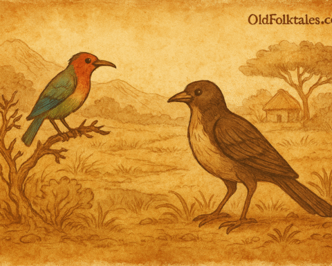 Parchment-style illustration of Nsasak and Odudu birds in Nigerian countryside; vibrant plumage and earthy landscape.