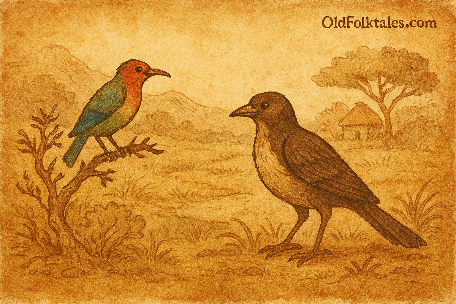 Parchment-style illustration of Nsasak and Odudu birds in Nigerian countryside; vibrant plumage and earthy landscape.