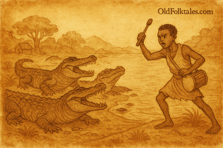 Parchment-style illustration of Edet Etim facing alligators by Cross River; Nigerian folktale from Calabar region.