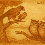 Parchment-style illustration of hawk stealing chick; Nigerian folktale of King Effiong and silent owl revenge.