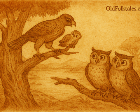 Parchment-style illustration of hawk stealing chick; Nigerian folktale of King Effiong and silent owl revenge.