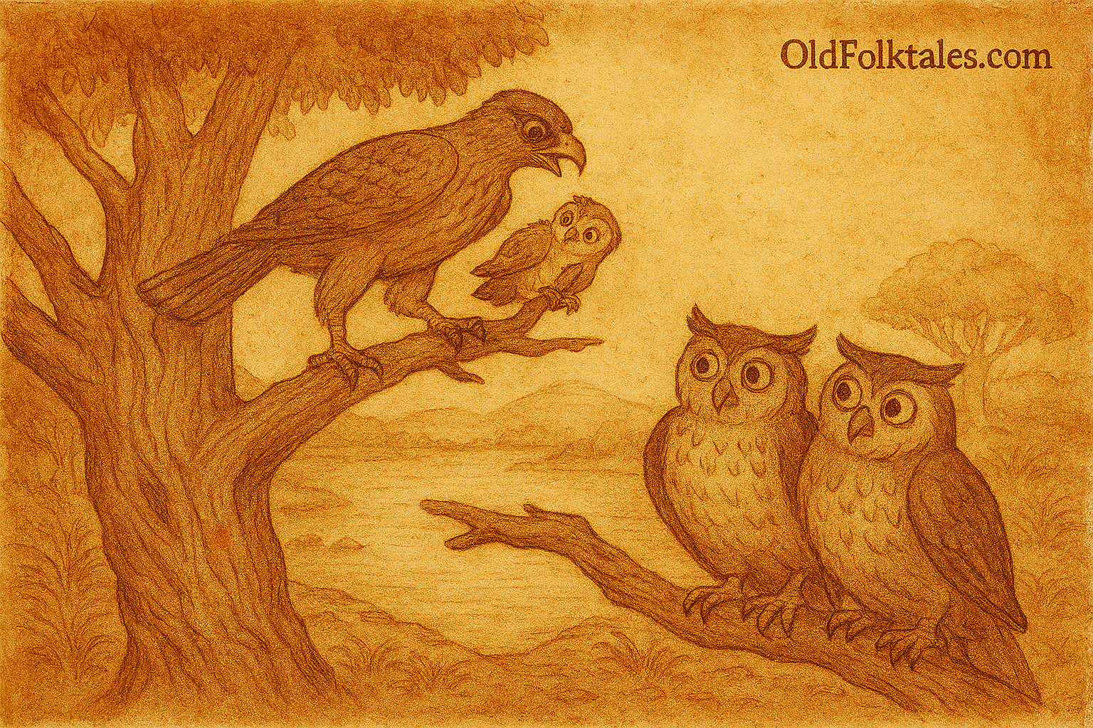 Parchment-style illustration of hawk stealing chick; Nigerian folktale of King Effiong and silent owl revenge.