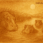 Parchment-style illustration of three hippos emerging from moonlit river near reeds; West African folktale from Mali.