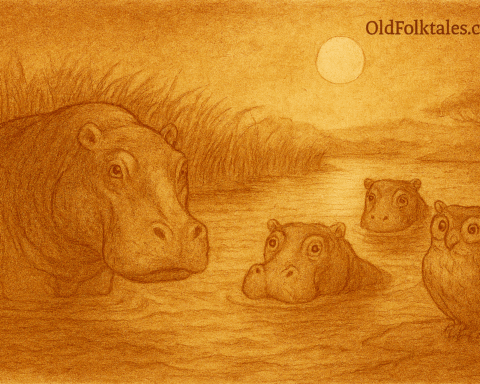 Parchment-style illustration of three hippos emerging from moonlit river near reeds; West African folktale from Mali.