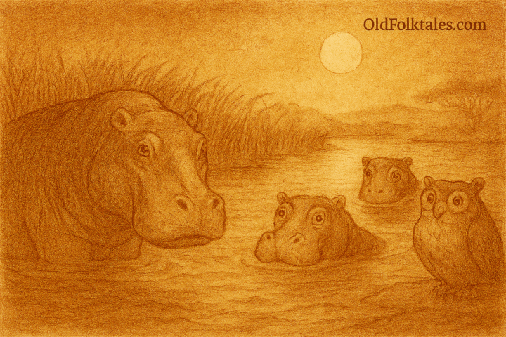 Parchment-style illustration of three hippos emerging from moonlit river near reeds; West African folktale from Mali.