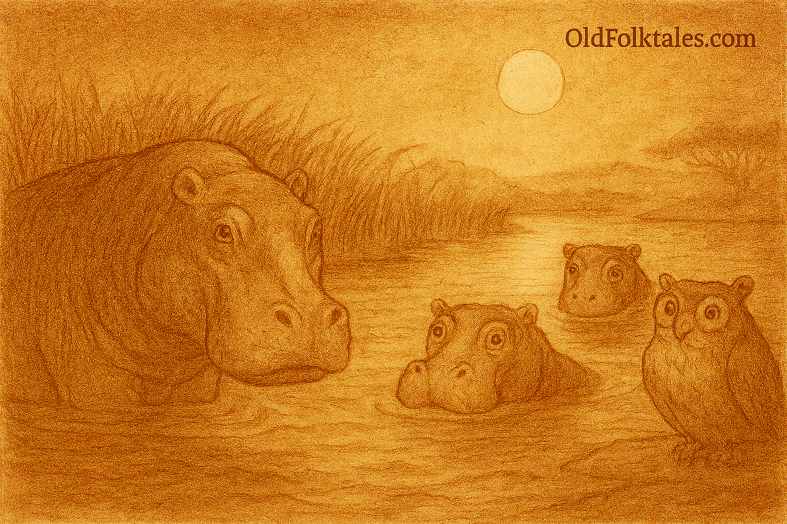 Parchment-style illustration of three hippos emerging from moonlit river near reeds; West African folktale from Mali.