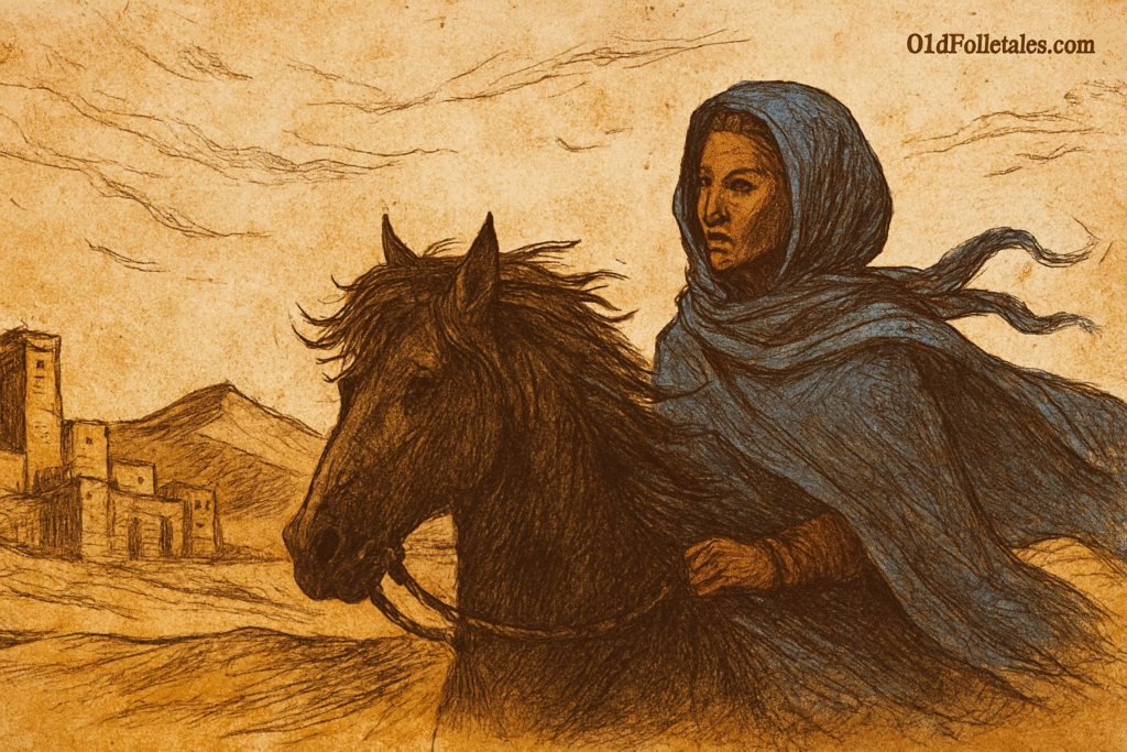 Parchment-style illustration of Princess Aissata on horseback in Sahara; West African folktale from Mali Empire.