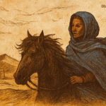 Parchment-style illustration of Princess Aissata on horseback in Sahara; West African folktale from Mali Empire.