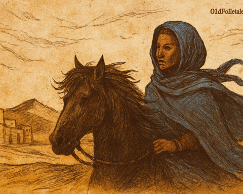 Parchment-style illustration of Princess Aissata on horseback in Sahara; West African folktale from Mali Empire.