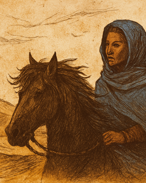 Parchment-style illustration of Princess Aissata on horseback in Sahara; West African folktale from Mali Empire.