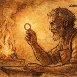 Parchment-style illustration of Sadio holding glowing ring at forge; West African folktale from Mali Empire.