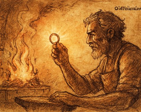 Parchment-style illustration of Sadio holding glowing ring at forge; West African folktale from Mali Empire.