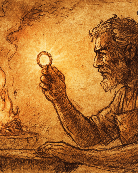 Parchment-style illustration of Sadio holding glowing ring at forge; West African folktale from Mali Empire.