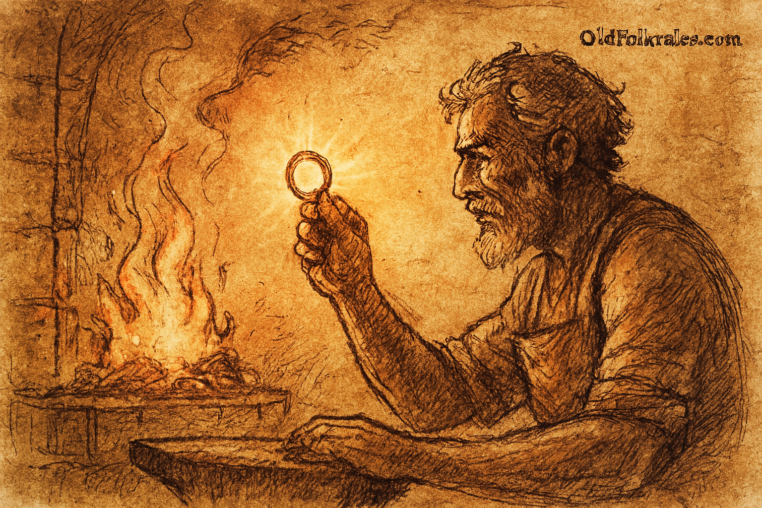 Parchment-style illustration of Sadio holding glowing ring at forge; West African folktale from Mali Empire.