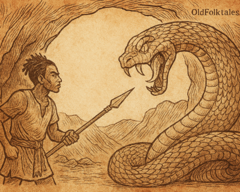 Parchment-style illustration of Bakar confronting giant serpent in cave; Dogon folktale from Mali’s cliffside villages
