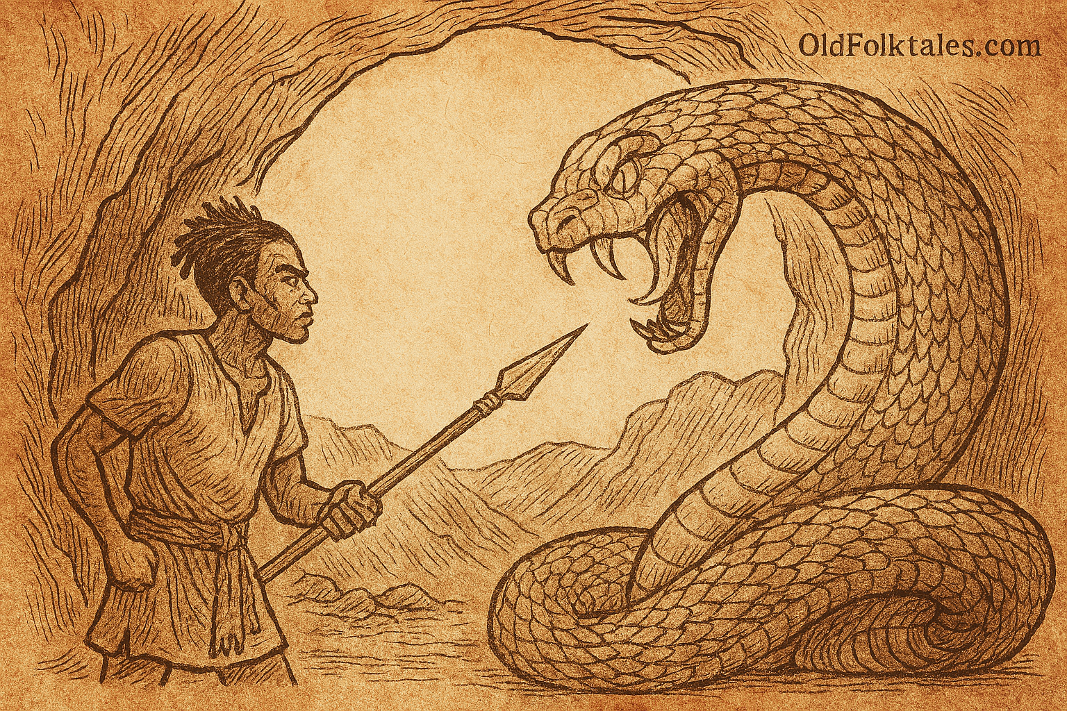 Parchment-style illustration of Bakar confronting giant serpent in cave; Dogon folktale from Mali’s cliffside villages
