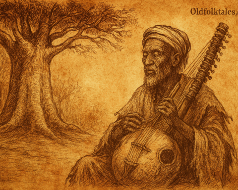 Parchment-style illustration of Baba playing kora under baobab tree; West African folktale from Mali Empire.