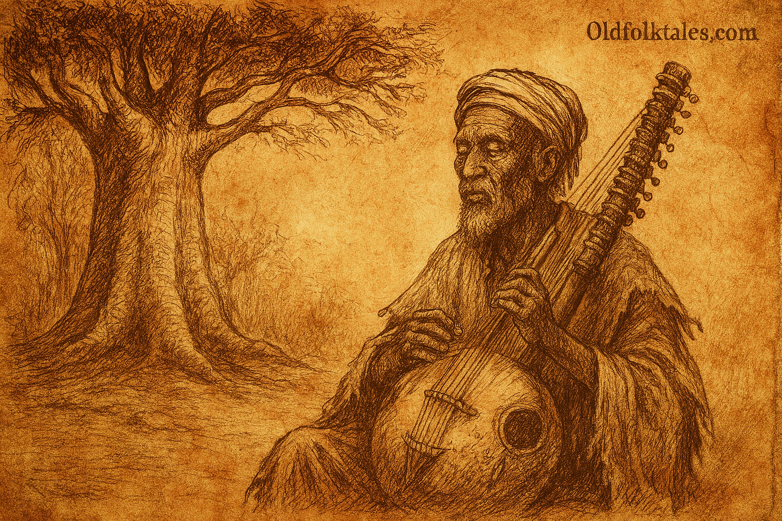 Parchment-style illustration of Baba playing kora under baobab tree; West African folktale from Mali Empire.