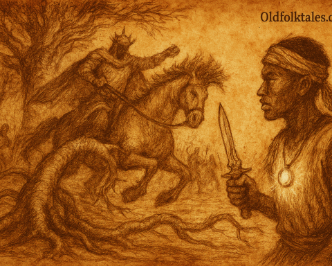 Parchment-style illustration of Mamadou facing warlord as baobab roots attack; West African folktale from Mali.