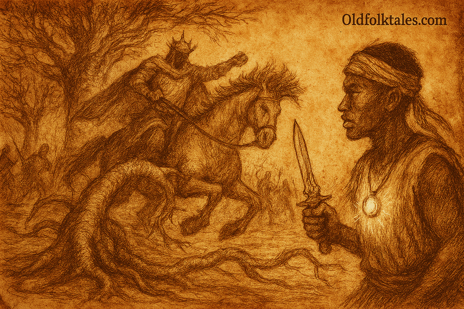 Parchment-style illustration of Mamadou facing warlord as baobab roots attack; West African folktale from Mali.