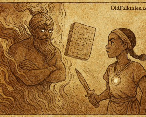Parchment-style illustration of Amina facing fiery djinn Malik and floating tablet; Timbuktu folktale from Mali.