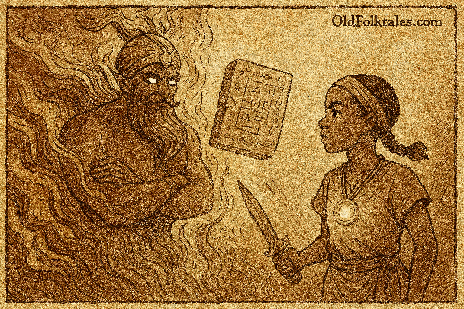 Parchment-style illustration of Amina facing fiery djinn Malik and floating tablet; Timbuktu folktale from Mali.