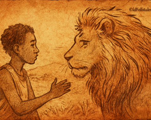 Parchment-style illustration of Kélé standing before lion and hunters at dusk; West African folktale from Mali.