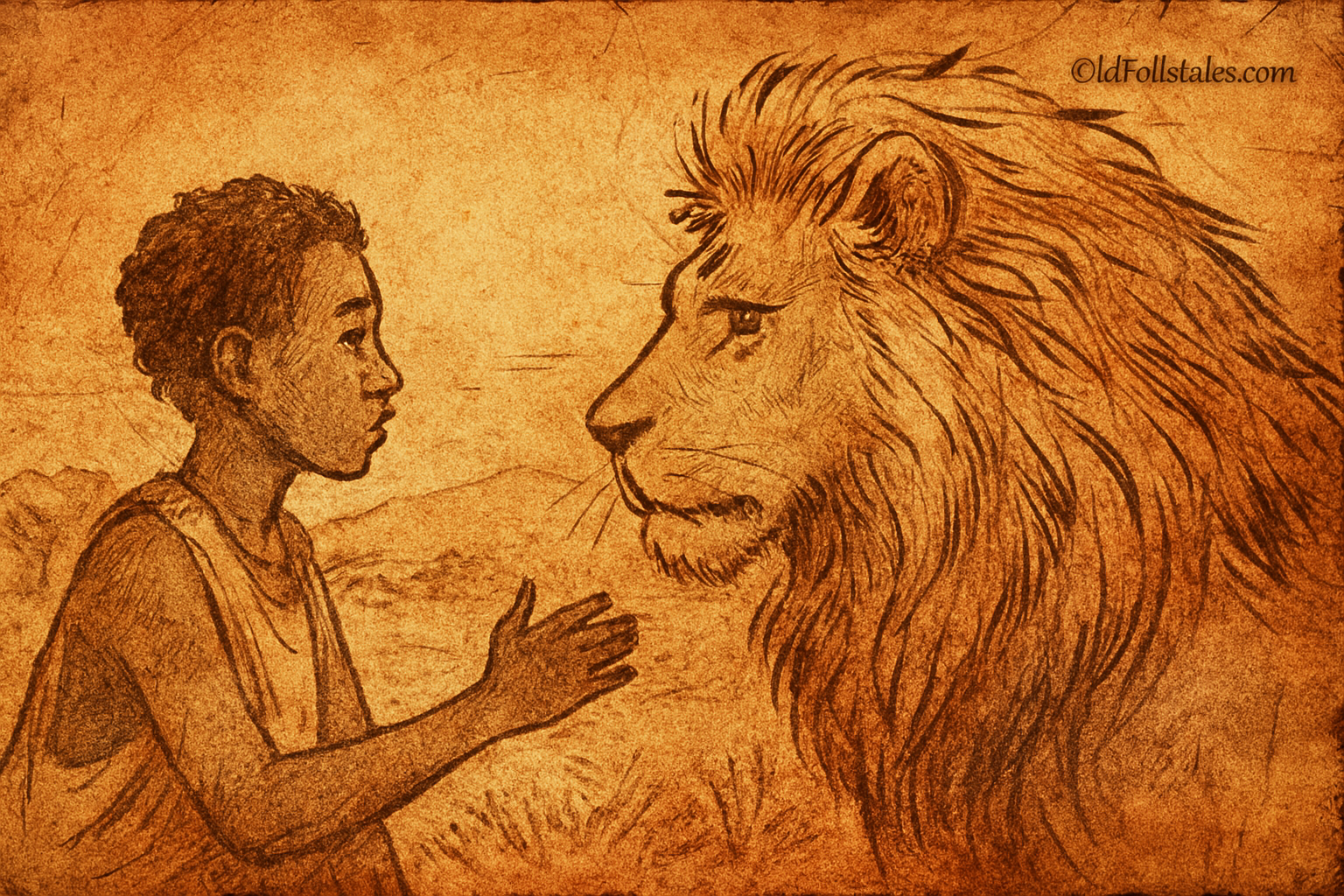 Parchment-style illustration of Kélé standing before lion and hunters at dusk; West African folktale from Mali.
