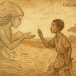 The Guardian of the Niger River | FolktalesAfrica.com  Parchment-style illustration of Amadou meeting water spirit Bakari at riverbank; Malian folktale of protection and balance.