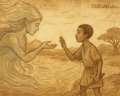 Parchment-style illustration of Amadou meeting water spirit Bakari at riverbank; Malian folktale of protection and balance.