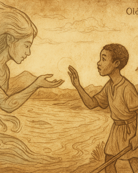 Parchment-style illustration of Amadou meeting water spirit Bakari at riverbank; Malian folktale of protection and balance.