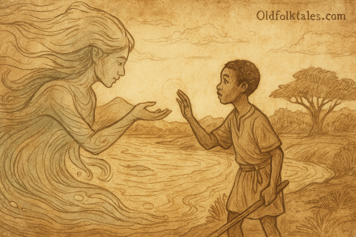 Parchment-style illustration of Amadou meeting water spirit Bakari at riverbank; Malian folktale of protection and balance.