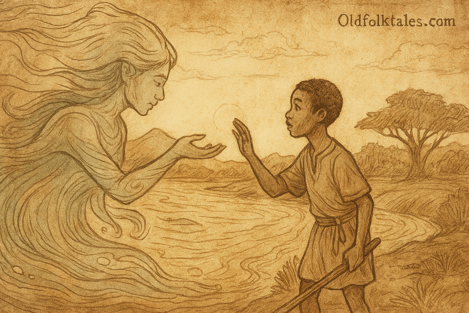 Parchment-style illustration of Amadou meeting water spirit Bakari at riverbank; Malian folktale of protection and balance.