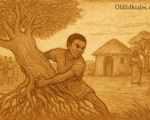 Parchment-style illustration of Sunjata uprooting baobab tree before villagers; West African epic from Mali Empire.