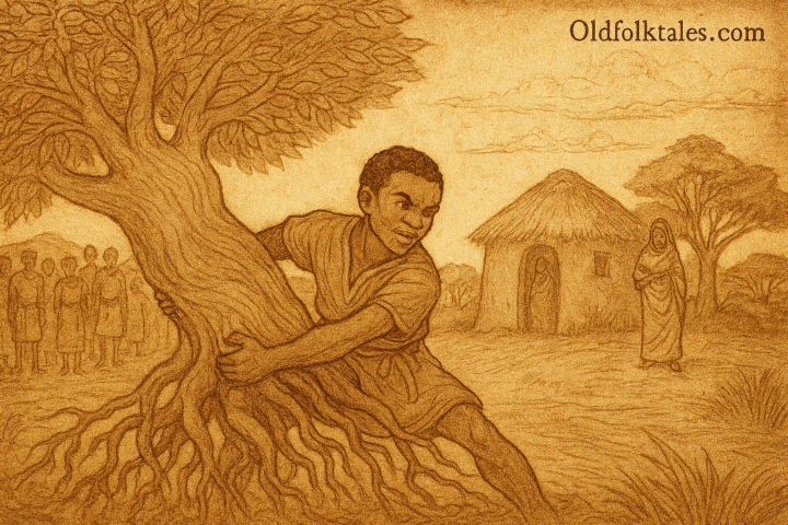 Parchment-style illustration of Sunjata uprooting baobab tree before villagers; West African epic from Mali Empire.