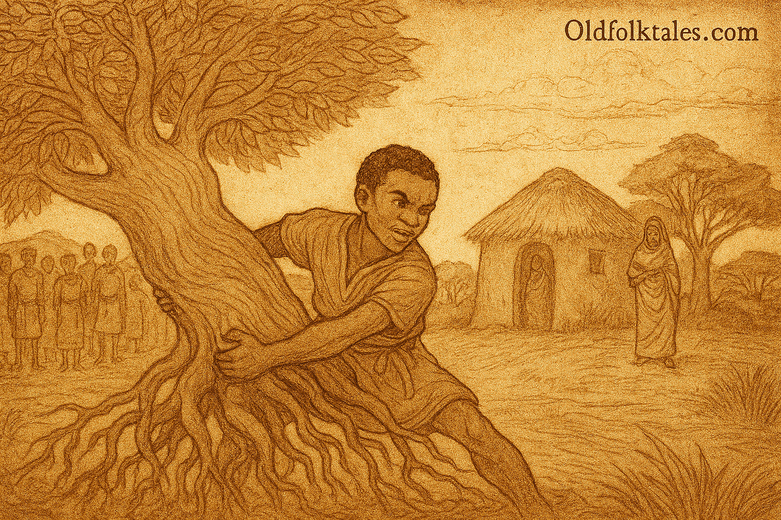 Parchment-style illustration of Sunjata uprooting baobab tree before villagers; West African epic from Mali Empire.