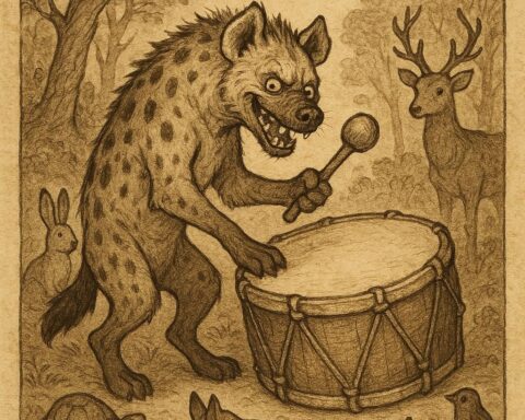 Hyena striking a large drum as animals watch in the forest - Gabonese folktale