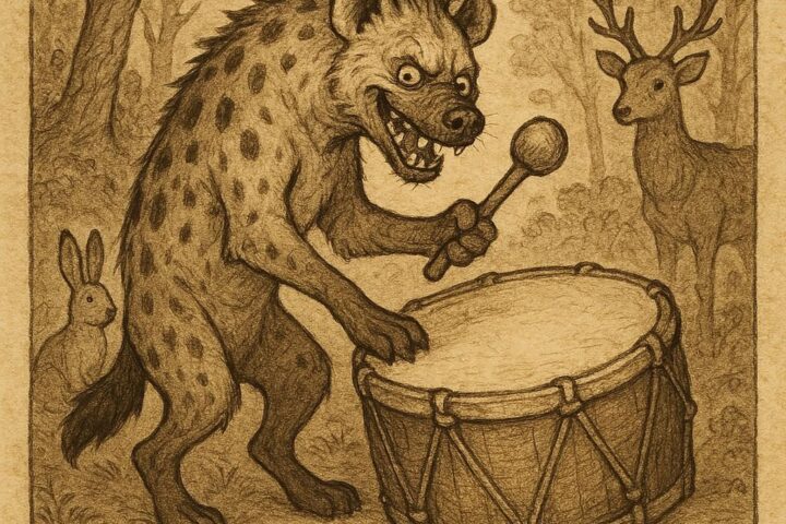 Hyena striking a large drum as animals watch in the forest - Gabonese folktale