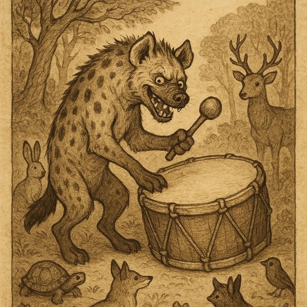 Hyena striking a large drum as animals watch in the forest - Gabonese folktale