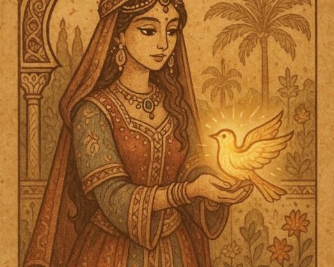 A Moroccan sultan’s daughter holding an enchanted glowing bird in a palace garden