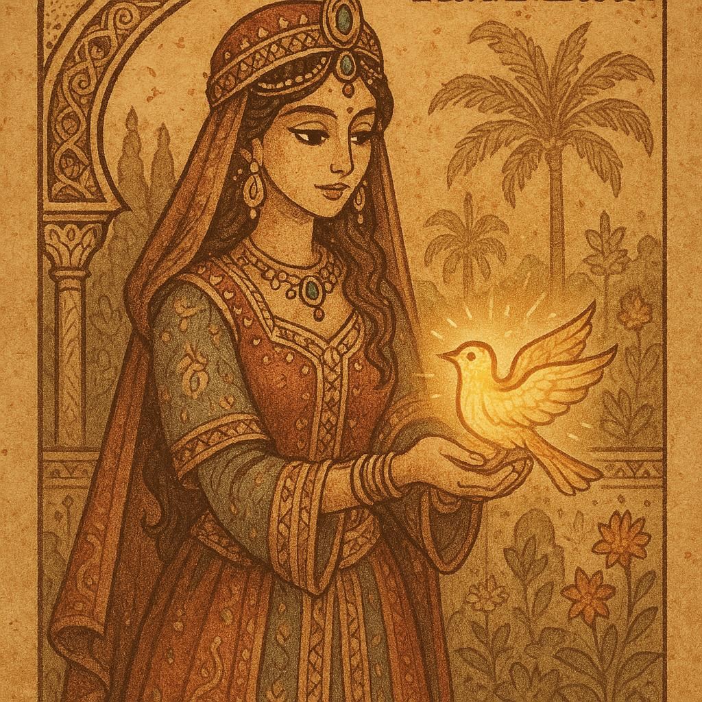 A Moroccan sultan’s daughter holding an enchanted glowing bird in a palace garden