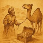 Talking camel guiding a herdsman to hidden treasure in the Libyan desert