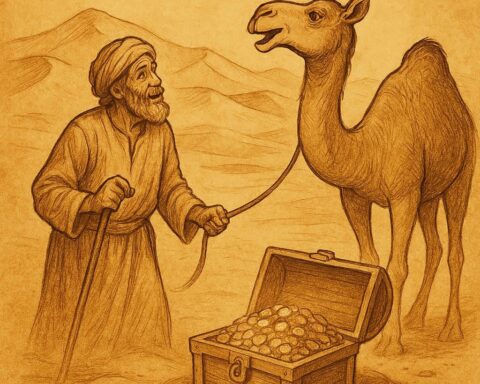 Talking camel guiding a herdsman to hidden treasure in the Libyan desert