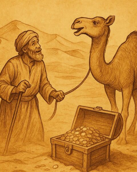 Talking camel guiding a herdsman to hidden treasure in the Libyan desert