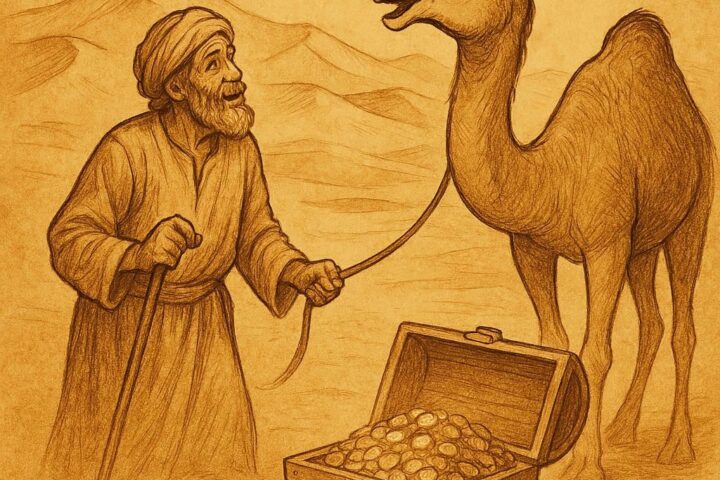Talking camel guiding a herdsman to hidden treasure in the Libyan desert