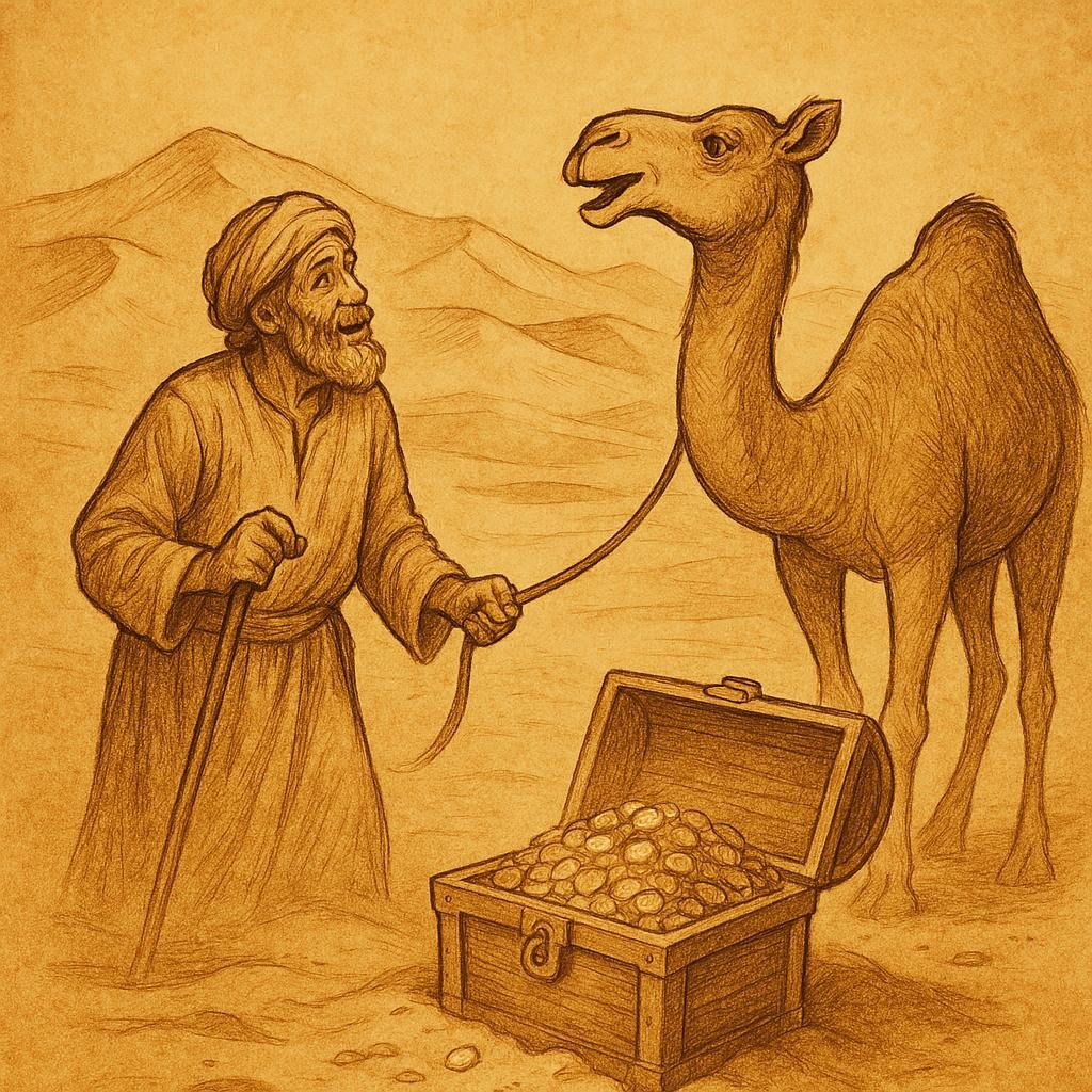 Talking camel guiding a herdsman to hidden treasure in the Libyan desert