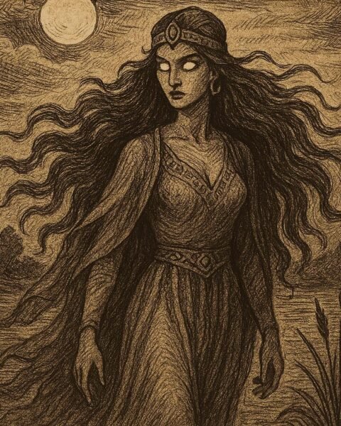 Aicha Kandicha, the legendary Moroccan river enchantress, rising from moonlit waters with flowing robes and haunting beauty.