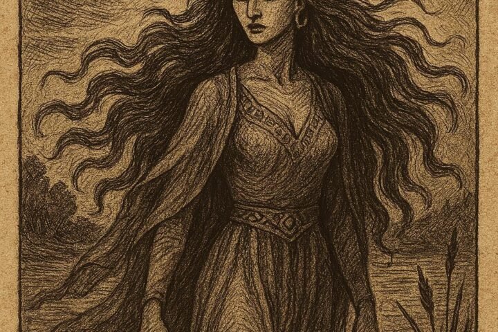 Aicha Kandicha, the legendary Moroccan river enchantress, rising from moonlit waters with flowing robes and haunting beauty.