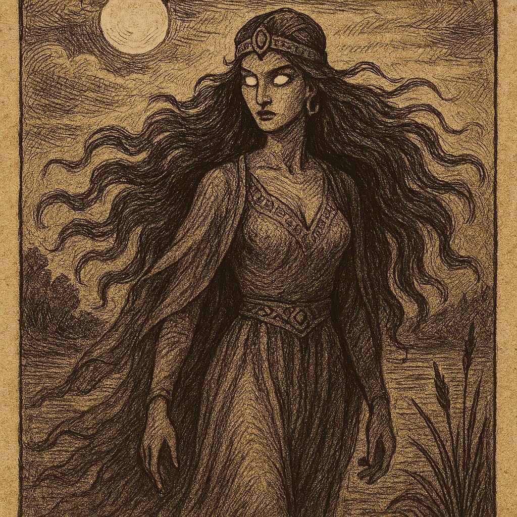 Aicha Kandicha, the legendary Moroccan river enchantress, rising from moonlit waters with flowing robes and haunting beauty.