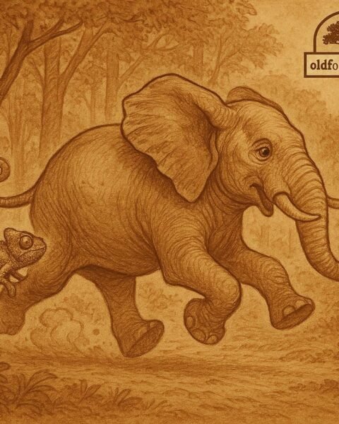 Elephant racing with a chameleon hidden on its tail - Ivorian folktale
